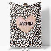 Aperturee - Customized Name Heart Brown Leopard Pattern Blanket